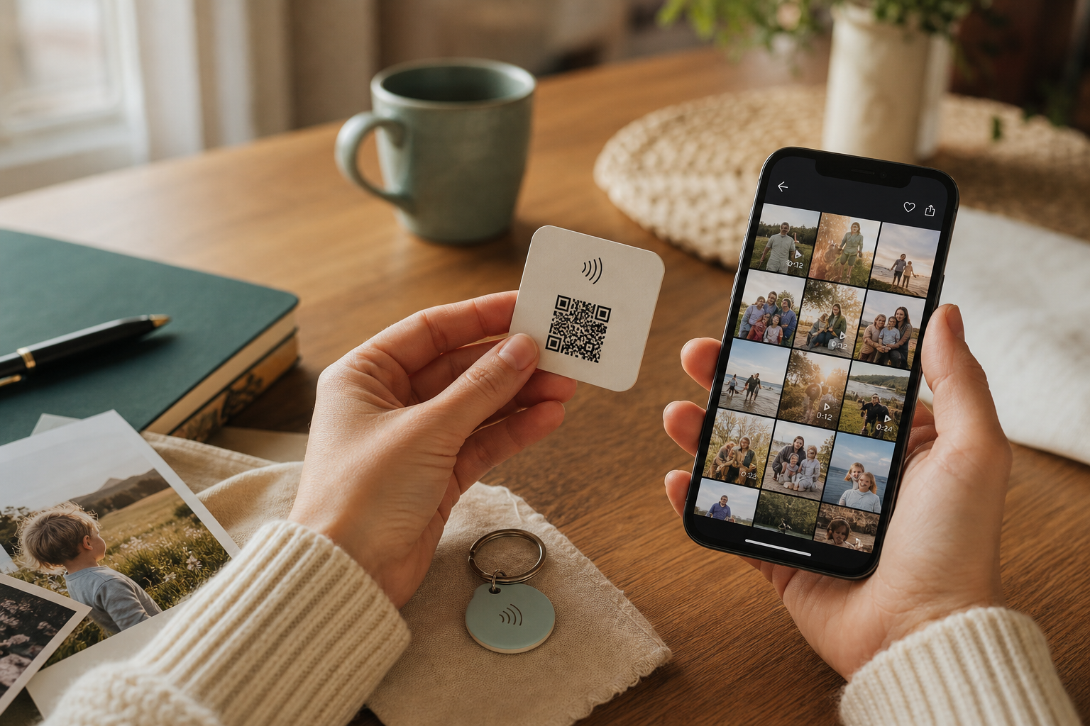 A PicKey™ memory card and NFC keychain beside a phone showing a family photo album